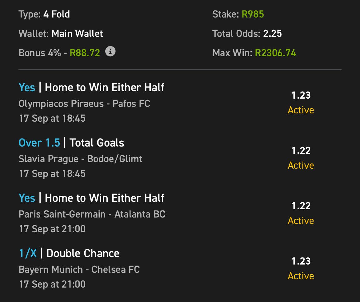 DOUBLE IT 🤑🤑🤑
Win Or Lose — If You Copy This Bet, You’re Guaranteed A Bonus On Saturday.
Just Follow These 2 EASY Steps:
1️⃣ Copy My Bet: easybet.co.za/sports?bookedB…
Booking Code: 430404
2️⃣ Place Your Bet Of R5 Or More.
🎁 The More You Bet, The Bigger Your Bonus!
🆕 New To Easybet?