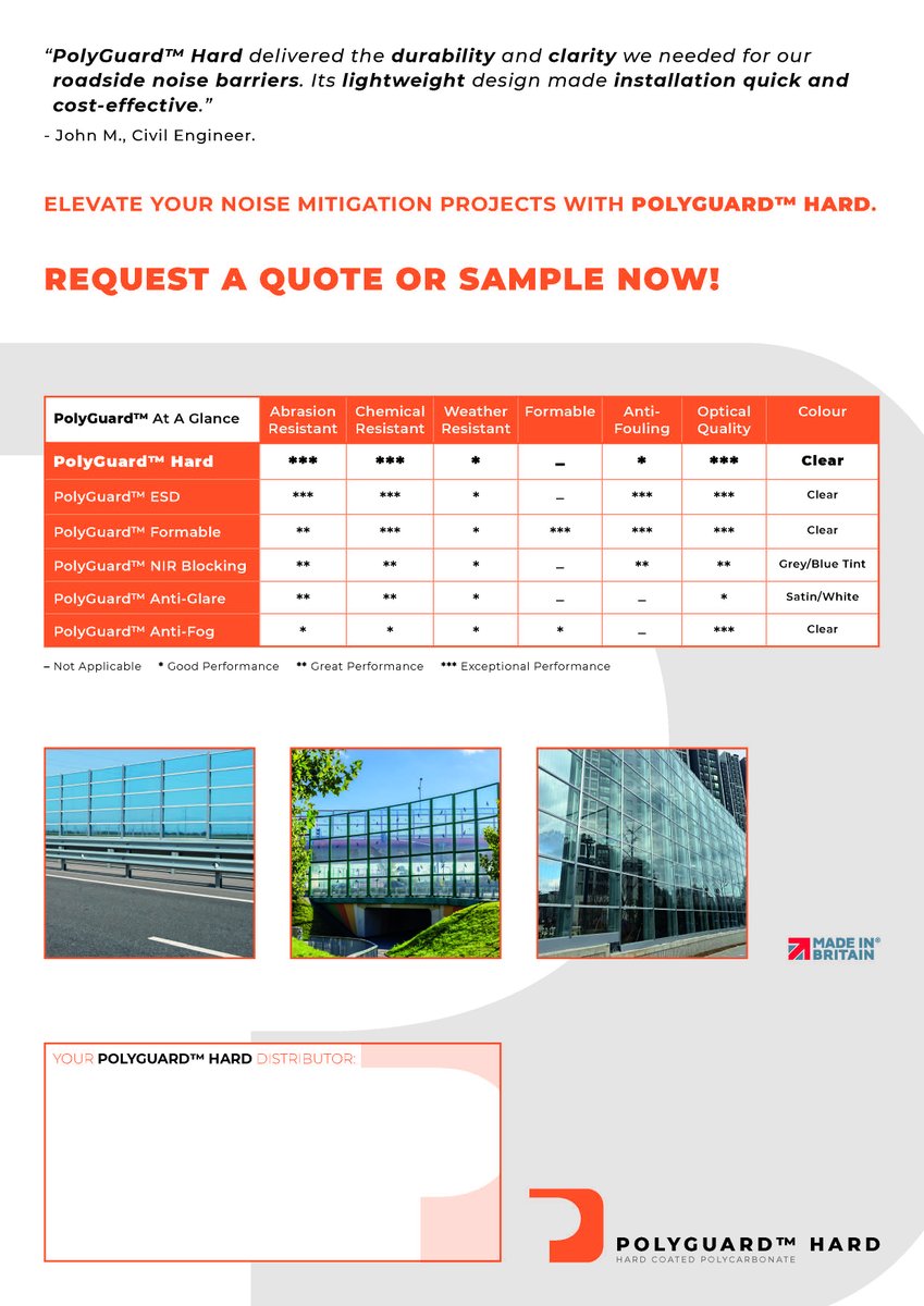 Introducing PolyGuard™ Hard, the ultimate solution for noise barriers in road and rail applications.  

Designed for superior durability and sound control, PolyGuard™ Hard delivers high performance in even the harshest environments while maintaining clarity and strength.