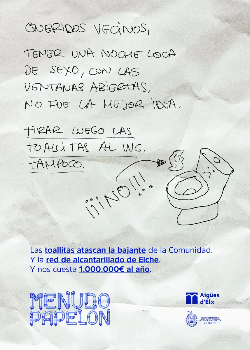 ReasonWhy's tweet photo. Tirar toallitas al váter cuesta millones y contamina ríos y mares. 
@aigueselx lo denuncia en su nueva campaña "Menudo papelón", inspirada en los míticos carteles vecinales. Es un trabajo de la agencia @yerno_es.

|| Más info 👉🏽 https://t.co/JNgF4woQTB