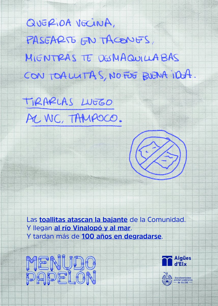 ReasonWhy's tweet photo. Tirar toallitas al váter cuesta millones y contamina ríos y mares. 
@aigueselx lo denuncia en su nueva campaña "Menudo papelón", inspirada en los míticos carteles vecinales. Es un trabajo de la agencia @yerno_es.

|| Más info 👉🏽 https://t.co/JNgF4woQTB