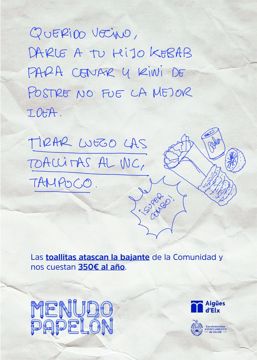 ReasonWhy's tweet photo. Tirar toallitas al váter cuesta millones y contamina ríos y mares. 
@aigueselx lo denuncia en su nueva campaña "Menudo papelón", inspirada en los míticos carteles vecinales. Es un trabajo de la agencia @yerno_es.

|| Más info 👉🏽 https://t.co/JNgF4woQTB