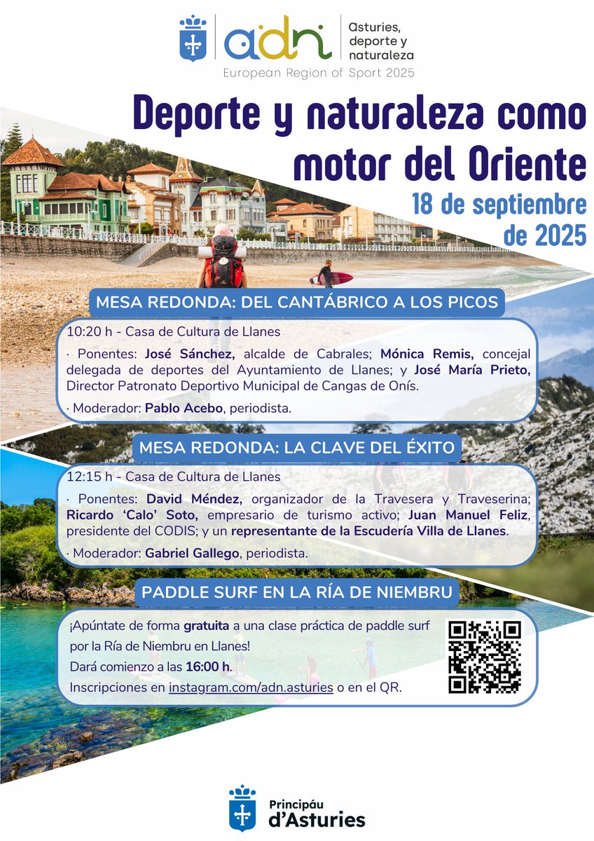 ¡Os inviamos a un nuevo Foro esta semana!
El jueves 18 de septiembre “Deporte y naturaleza como motor del Oriente” en la Casa de Cultura de Llanes. Dos potentes mesas redondas 🎙️​ por la mañana, y una clase de paddle surf gratuita por la tarde 🏄​

<a href="/culturaAST/">Conseyería de Cultura, P. Llingüística y Deporte</a>