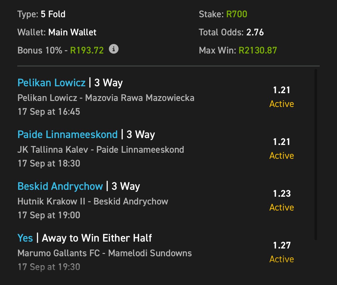 DOUBLE IT 🤑🤑🤑
Win Or Lose — If You Copy This Bet, You’re Guaranteed A Bonus On Saturday.
Just Follow These 2 EASY Steps:
1️⃣ Copy My Bet: easybet.co.za/sports?bookedB…
Booking Code: 430411
2️⃣ Place Your Bet Of R5 Or More.
🎁 The More You Bet, The Bigger Your Bonus!
🆕 New To Easybet?