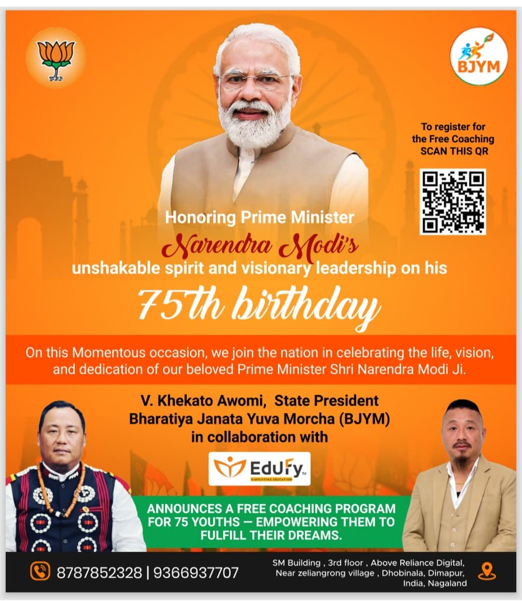 What better way to celebrate Hon’ble PM Shri <a href="/narendramodi/">Narendra Modi</a> Ji’s 75th birthday than by preparing 75 youths for a brighter tomorrow?

BJYM Nagaland State President Shri <a href="/V_Khekatoawomi/">V Khekato Awomi</a>, launches a Free Coaching Programme for 75 youths.

<a href="/Tejasvi_Surya/">Tejasvi Surya</a>
#HappyBdayPMModi
#SevaParv