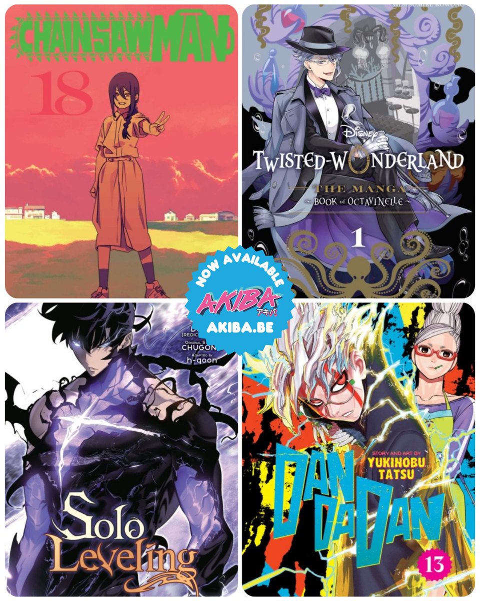 Let's look at Akiba.be's bestsellers of the summer:

🪚Chainsaw Man 18: chaos &amp; devils!
⚔️Solo Leveling 13: epic battles!
👻Dandadan 13: ghosts &amp; aliens!
🐙Twisted Wonderland Octavinelle 01: magical mischief!

What's your favorite? 👀

#Manga #Books