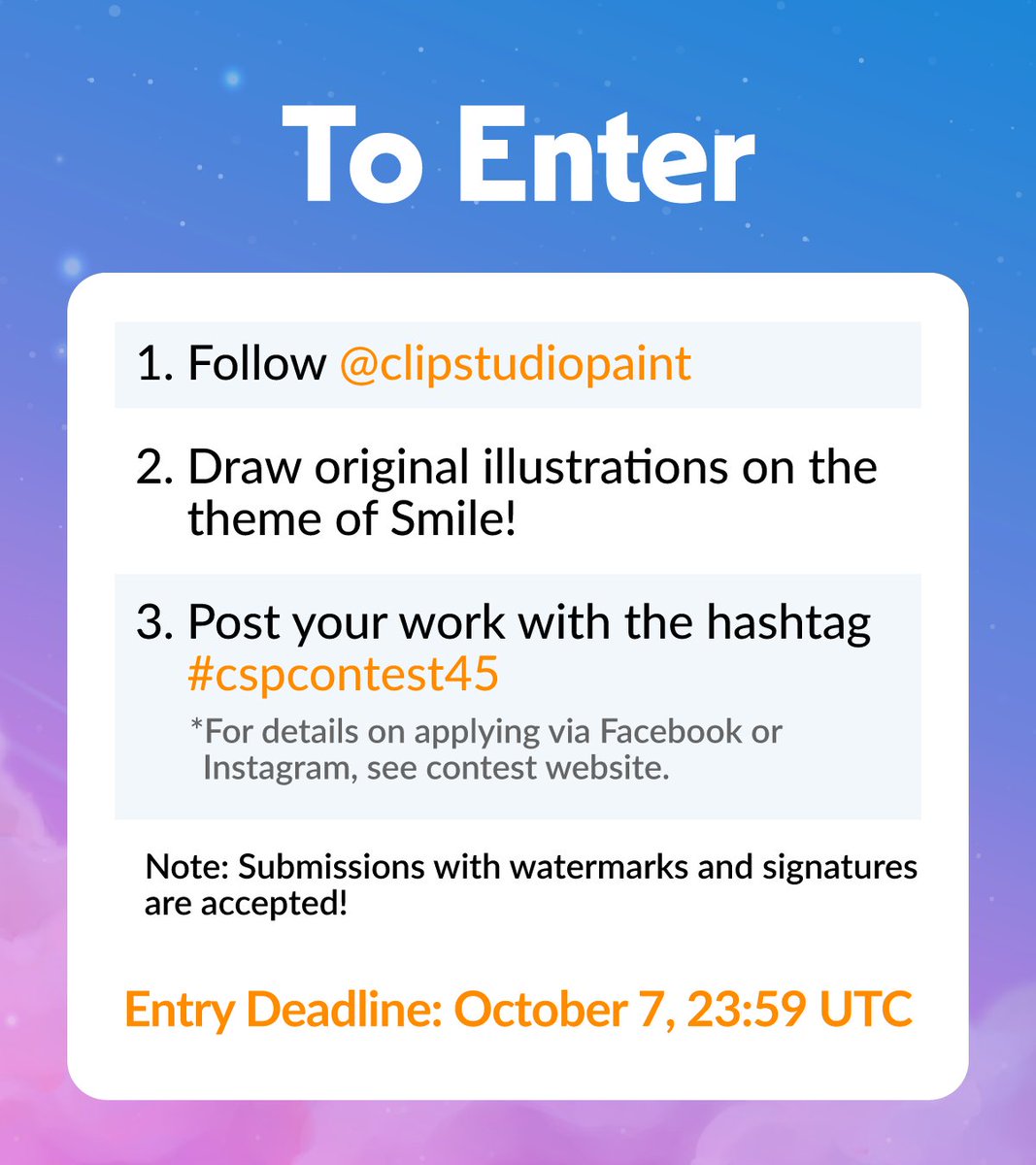 clipstudiopaint's tweet photo. The 45th International Illustration Contest is now open!🎉

Theme: Smile
Draw illustrations that are brimming with smiles!

Enter with the hashtag!

Details:
https://t.co/oOSA9myxbS

#cspcontest45
#cspcontest45_timelapse
#cspcontest45_smartphone https://t.co/g4t1kBXFnm