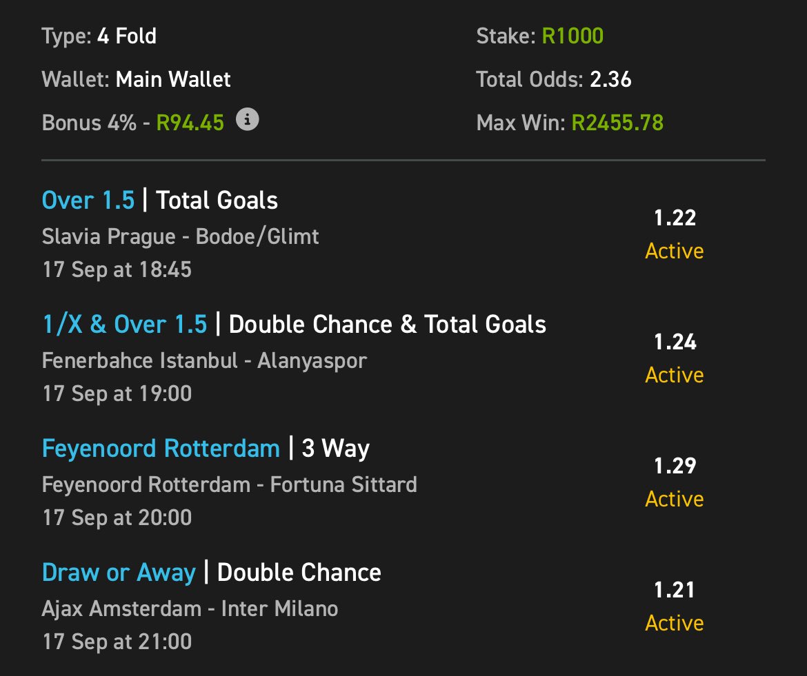 If You’re Placing Bets Anyway, You Might As Well Get Something Extra Out Of It.

Copy My Bet: easybet.co.za/sports?bookedB…
Doesn’t Matter If It Wins Or Not — Easybet Will Still Reward Your Account On Saturdays.

If You’re Betting For The First Time, You Could Also Win A R500 Bet Match