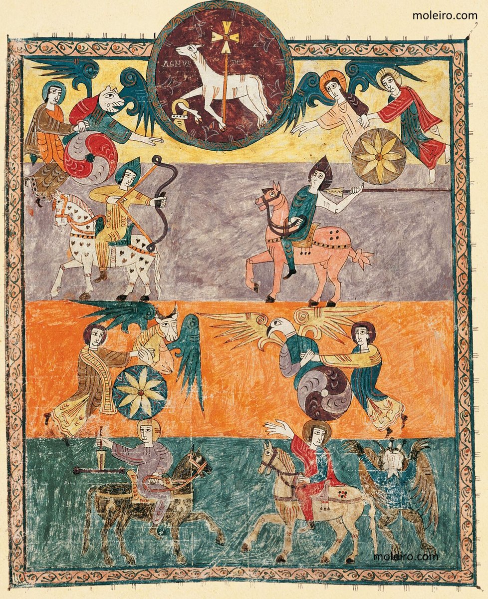 f. 126r, Apertura de los cuatro sellos
Beato de Liébana, códice Monasterio San Salvador de Tábara (s X, Zamora)
✳️ ...Finalmente, aparece el cuarto jinete vuelto, de forma simétrica al anterior, hacia un demonio que simboliza el abismo. En otras tradiciones, este jinete ha tenido