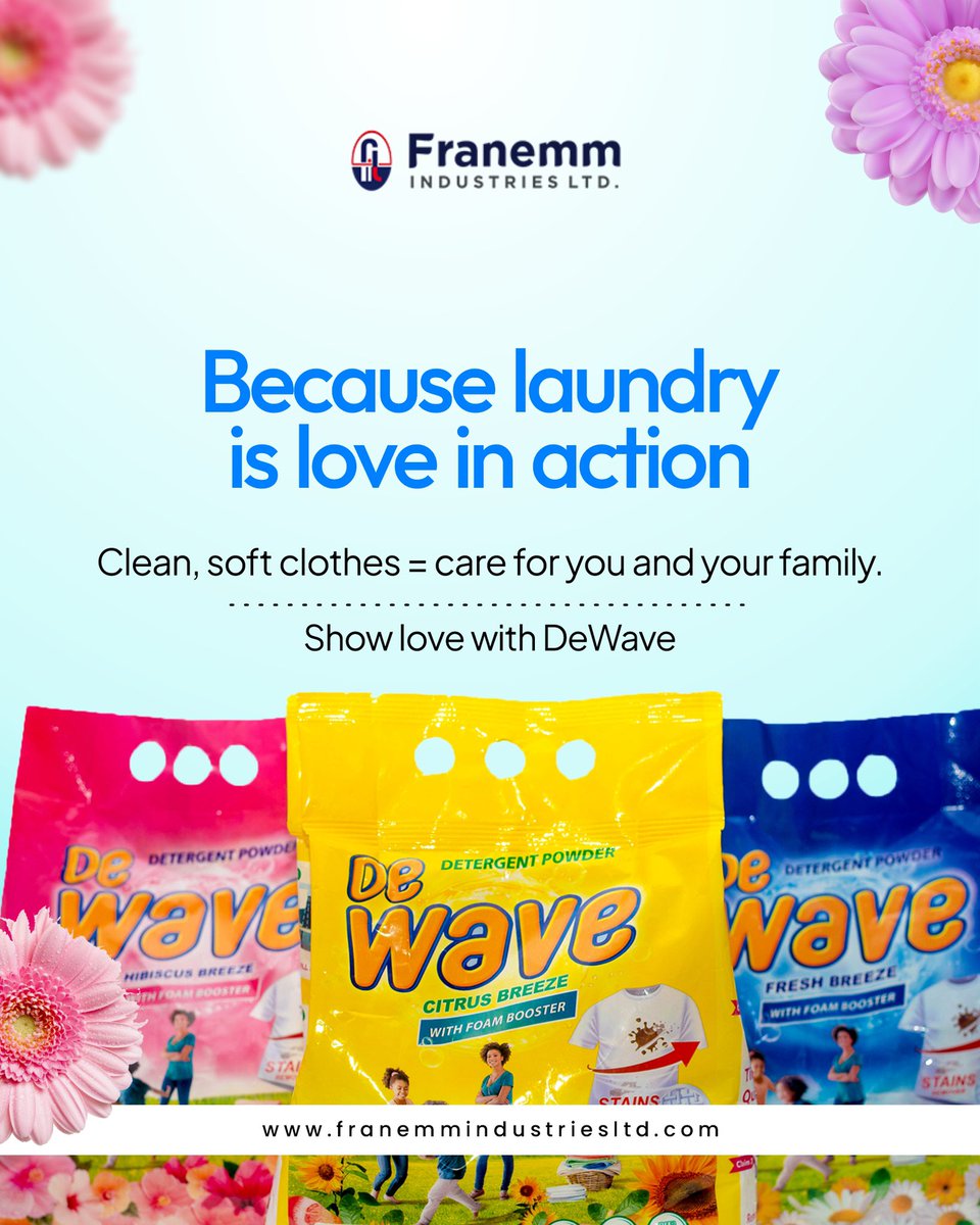 franemmltd's tweet photo. Laundry is love in action.
Clean, soft clothes mean care for you and your family.
Show your love with DeWave, the detergent that keeps every wash fresh and soft. Shop DeWave today and make every wash a love note.
#DeWaveFresh #SoftLaundry #LaundryDayLove #FreshAndSoft #FamilyCare https://t.co/nZBJYF3Pul