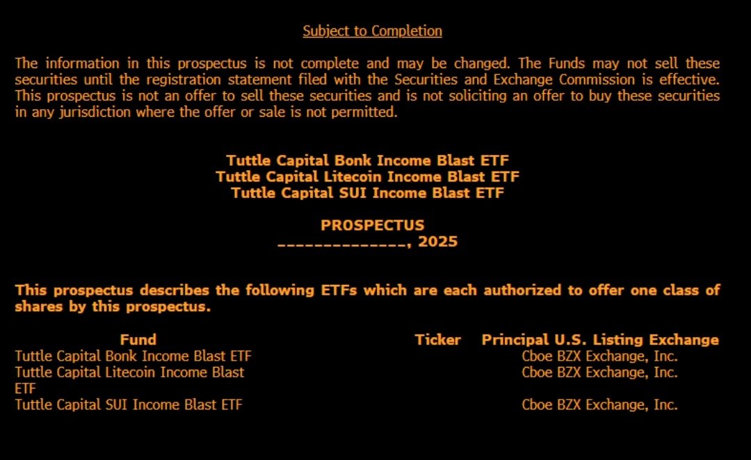 SiFa0404's tweet photo. Tuttle Capital lancia tre nuovi ETF “Income Blast” su Bonk, Litecoin e SUI! Strategie innovative con opzioni FLEX per generare reddito anche in mercati volatili. Nuova frontiera per investire in crypto in modo regolamentato. #ETF #Crypto #TuttleCapital #Bonk #Litecoin #SUI https://t.co/aWFAtMdlJ7