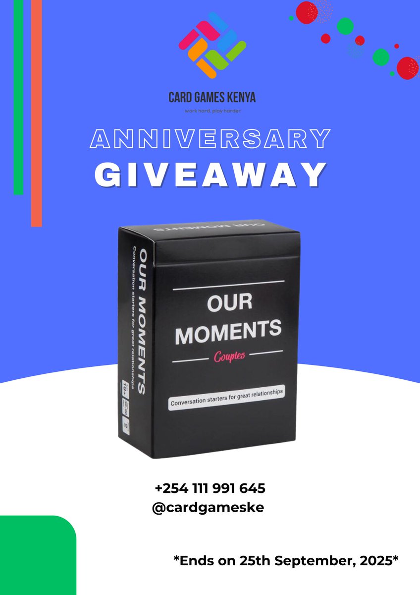 cardgameske's tweet photo. We are celebrating our 4th Year Anniversary with a GIVEAWAY. 
   
1. Tap this link: https://t.co/ouvrpntUmn  
2. Follow the instructions.  

Winner to be announced on Friday 26/9/2025 
#Giveaway #Anniversary #CardGamesKe #AnniversaryGiveaway #Win #Free #Gamenight https://t.co/YSMdd8eu3t