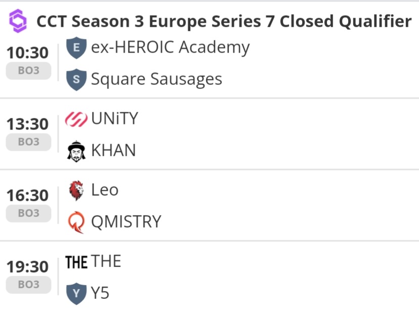 Good Morning 🌞

Time to end phase of groups  in Closed Qualifiers of <a href="/CCT_CS/">Champion of Champions Tour CS2</a> Europe S7. 

LET'S GO! 👊🏼

My predictions:
Square Sausages
<a href="/UNiTYesports_eu/">UNiTY ESPORTS</a>
<a href="/QMISTRYGG/">QMISTRY</a> 
THE

🎙: <a href="/Zerpherr/">Jack "Zerpherr" Kelly</a>, <a href="/TravCS/">Travis</a>

📺 kick.com/cct_cs3
