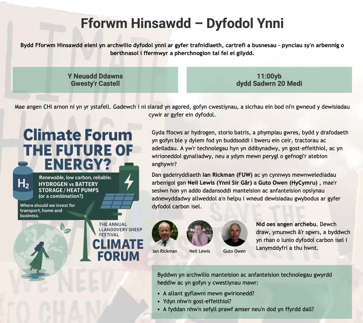 Fforwm Hinsawdd – Dyfodol Ynni

Edrych ymlaen at siarad a thrafod ynni yng Ngŵyl Defaid Llanymddyfri, Sadwrn yma.

"ar gyfer trafnidiaeth, cartrefi a busnesau – pynciau sy'n arbennig o berthnasol i ffermwyr a pherchnogion tai"
llandoverysheepfestival.com/talks/climate-…