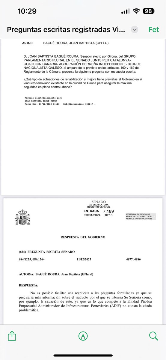 El desembre de 2023 vam preguntar al Gobierno quines actuacions feia ⁦<a href="/Adif_es/">Adif</a>⁩ per al manteniment del viaducte ferroviari a la ciutat de Girona. La resposta és que no tenen constància de res. ⁦<a href="/JuntsxCatMadrid/">Junts per Catalunya Congrés i Senat</a>⁩
