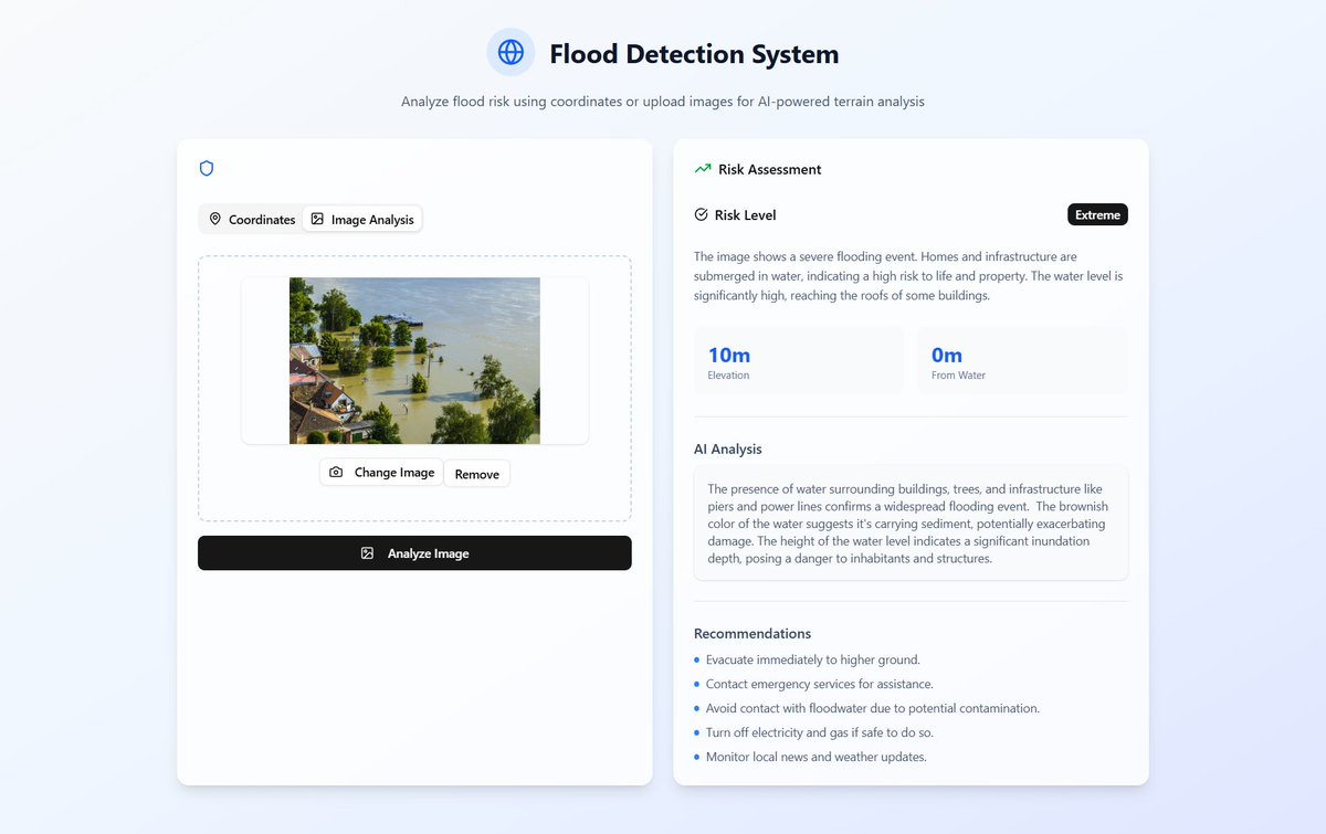 AjaySinghTeoti4's tweet image. 🌊 Built Flood Detection System – AI-powered flood risk assessment!
Enter coordinates or upload terrain photos for analysis with Google&apos;s Gemini AI
🔗 Live: flood-analyser-three.vercel.app
💻 Code: github.com/AjayTeotia/flo…
#FloodDetection #AI #NextJS