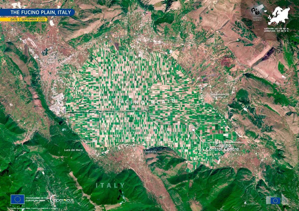 🌾 The Fucino Plain in central Italy 🇮🇹  was once covered by a lake. It was drained in the 19th century.

It is now among the most intensively cultivated areas in the country.

🛰️ #ImageOfTheDay by a #CopernicusEU #Sentinel2 reveals its striking patchwork of agricultural fields.