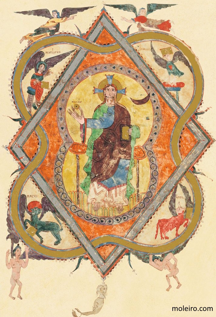 f. 2r, Maiestas Domini
Beato de Liébana, códice Monasterio San Salvador de Tábara (s X, Zamora)
✳️ La miniatura muestra a Cristo, con nimbo crucífero, sentado en un trono, sujetando un pequeño disco de oro, con un punto oscuro en el centro, definido por la cartela que hay encima