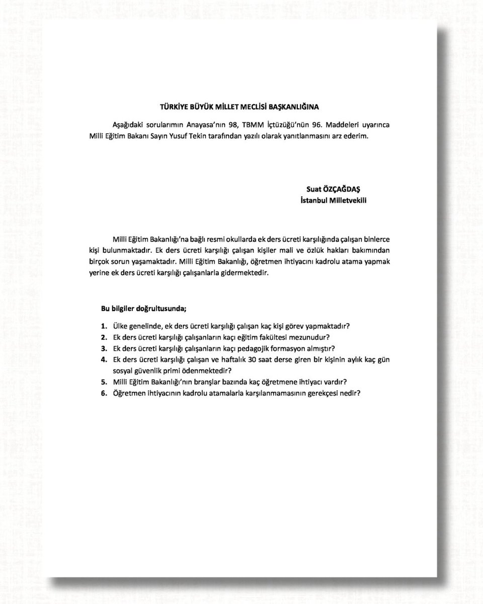 Ek ders ücreti karşılığında çalışan öğretmenlerle ilgili TBMM’ye soru önergesi verdim.👇

❓Ülke genelinde, ek ders ücreti karşılığı çalışan kaç kişi görev yapmaktadır?
❓Öğretmen ihtiyacının kadrolu atamalarla karşılanmamasının gerekçesi nedir?

#ücretliöğretmenlik