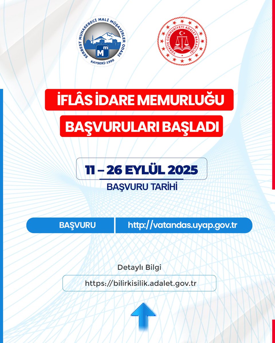 İFLÂS İDARE MEMURLUĞU BAŞVURULARI BAŞLADI
İflâs İdare Memurluğu başvuruları 11 – 26 Eylül 2025 tarihleri arasında yapılacaktır.
📷 Başvuru için: vatandas.uyap.gov.tr
📷 Detaylı bilgi: bilirkisilik.adalet.gov.tr