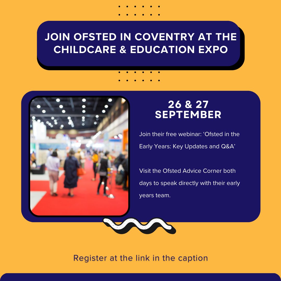 📣 <a href="/Ofstednews/">Ofsted</a>  are heading to the Childcare &amp; Education Expo in Coventry!
📆 26-27 Sep

🎤 Free Ofsted webinar: ‘Early Years Key Updates + Q&amp;A’
💬 Visit their Advice Corner too!

🔗 zurl.co/YbfOD

#ChildcareExpo #Ofsted #EarlyYears