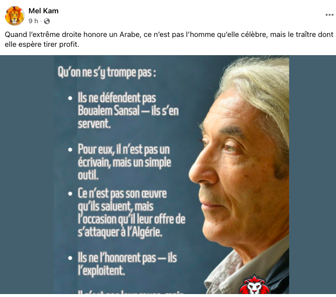 frburgat's tweet photo. Quand l’extrême droite honore un #Arabe, ce n’est pas l’homme qu’elle célèbre, mais le traître dont elle espère tirer profit. #Sansal https://t.co/mh9mSp24lY