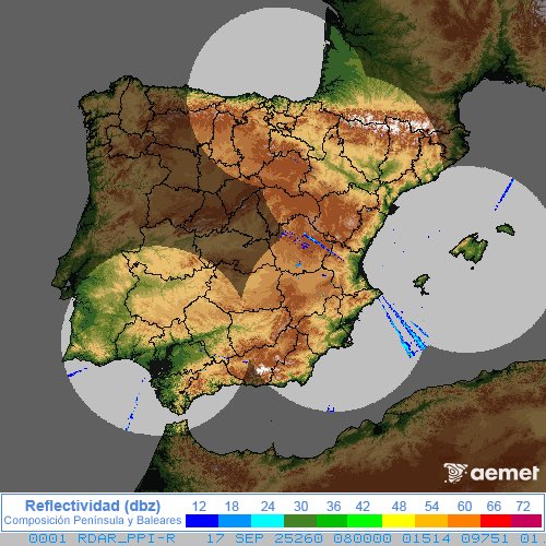 Estado actual del radar de #AEMET. A día de hoy amplias zonas invisibles o radares que se caen cada dos por tres como podemos apreciar. Si se diera un episodio de #lluvias intensas y no funcionaran correctamente supondría un grave riesgo para la población ya que no permite un