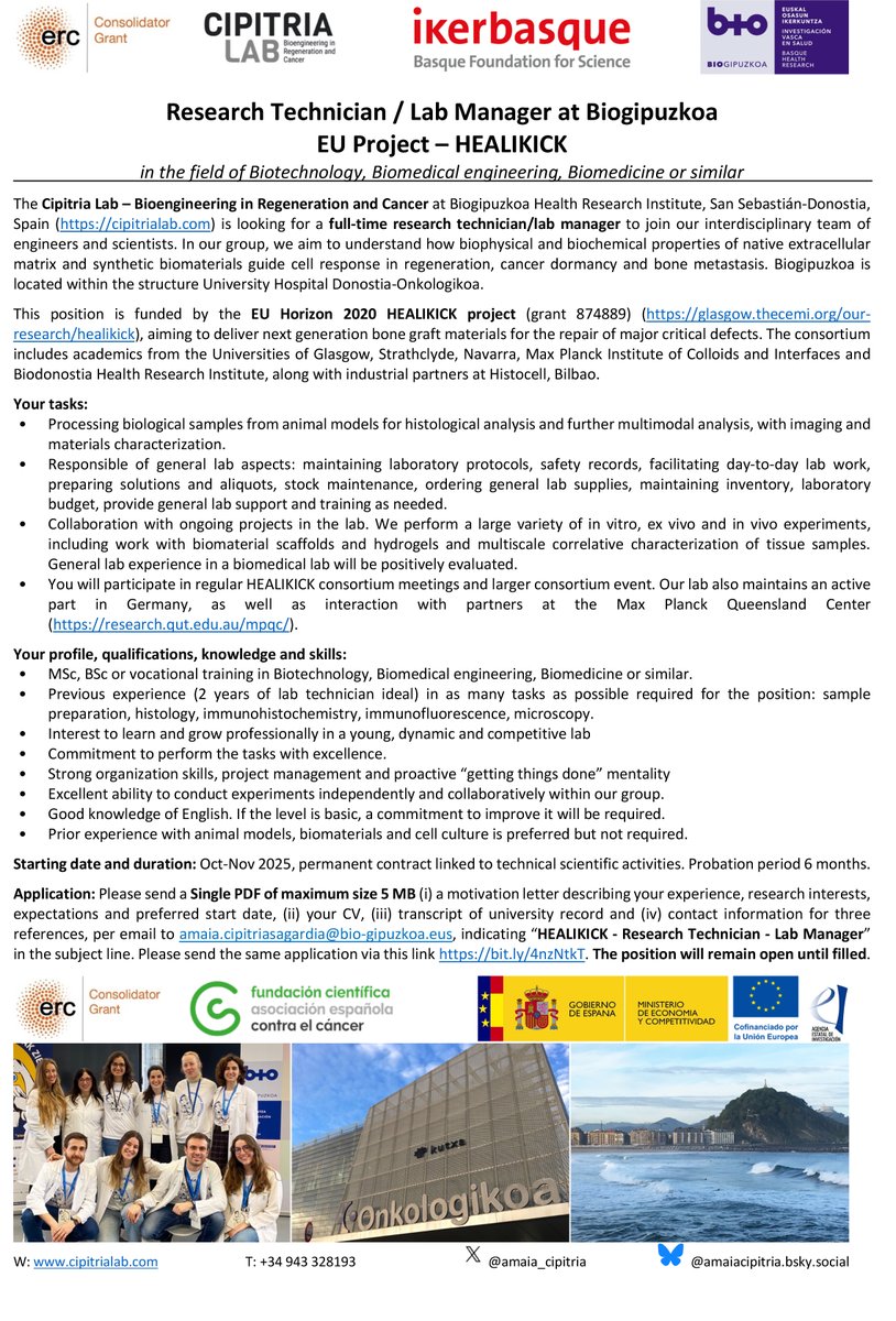 amaia_cipitria's tweet photo. We are hiring, please RT! Lab manager in the #HEALIKICK #H2020 #HorizonEU project, responsible for sample processing and general lab aspects. Biotechnology, Biomedical engineering, Biomedicine or similar. @biogipuzkoa @Ikerbasque. Apply until 15/10 👉https://t.co/zDZN1nDxLh https://t.co/tEVYQwvssK