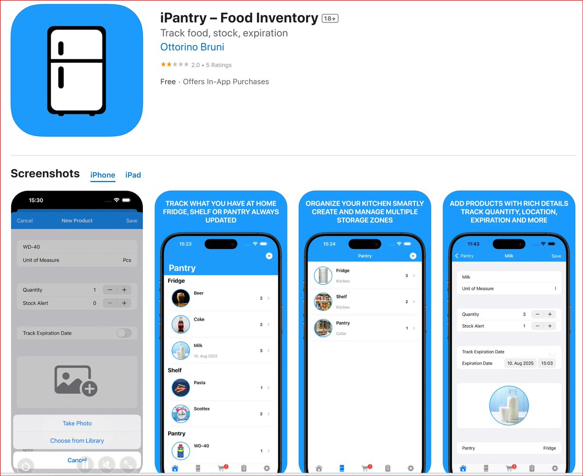 ottorinobruni's tweet image. 🥫 Don’t let food go to waste!
iPantry 🥦 helps you track groceries, monitor expiry dates & build a smart shopping list synced with iCloud.
Save money 💸 Stay organized ✅ Eat smarter 🍽️
🔗 apps.apple.com/us/app/ipantry…
#indiedev #iOSApps #Productivity