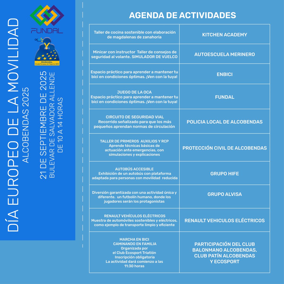 🚴‍♀️ DÍA EUROPEO DE LA MOVILIDAD 2025
Alcobendas se mueve por un futuro más sostenible 🌱
📅 Domingo 21 sept. | 🕙 10:00-14:00
📍 Bulevar de Salvador Allende

💚 Actividades GRATIS para toda la familia:

ℹ️ Programa completo 👉 fundal.es/alcobendas-cel…

<a href="/Alcobendas_ayto/">Ayuntamiento Alcobendas</a>
