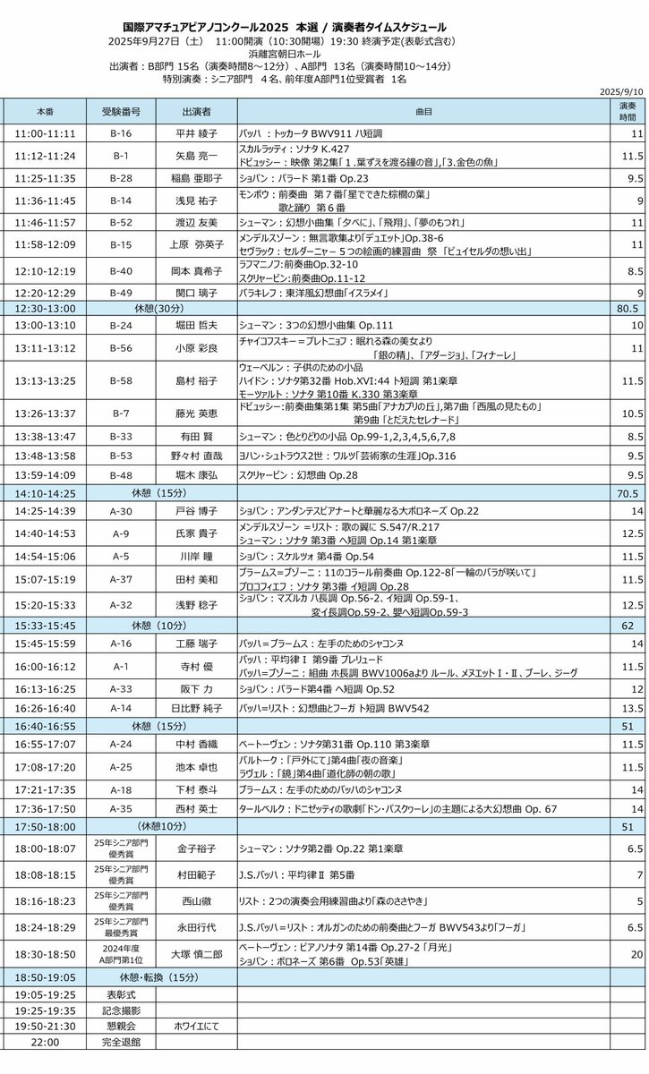 AmacomPiano's tweet photo. 国際アマチュアピアノコンクール本選が2026年9月27日に行われます。
今年は紀尾井ホールが改装工事のため、浜離宮朝日ホールでの開催！
時間割なども載せておきます。 https://t.co/MM5q1IpI9f
