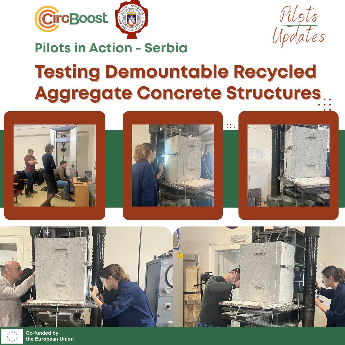 CircBoost's tweet image. 🧩 Pilot Update – Serbia 🇷🇸
Final testing of demountable steel–concrete connectors in 100% recycled aggregate concrete is underway!
✅ Tension &amp;amp; shear tests
📏 Full-scale column–foundation loading
♻️ A step toward reusable, circular structures

Led by @Grf_Beograd + Penta Ge. Co.