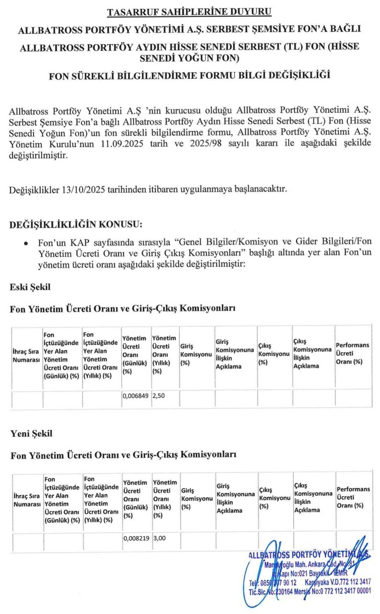 Ekonomist2024's tweet image. allbatross portföy yönetimi fonlarındaki #krdmd hissesinin pay sahipliği oranı %5'i geçtiği için kap bildirimi yapmış. 

son dönemde #lla, #bvm #kht gibi fonları yüksek getirileriyle dikkat çekiyor. 

ayrıca #lla fonunun yıllık yönetim ücreti %2,50'den %3'e çıkarılacak. #pru fonu