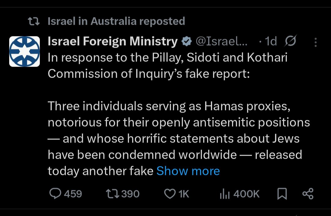 Theo (@rustinyoureye) on Twitter photo Israeli embassy in Canberra reposts accusation that Australian (Sidoti) is a  "Hamas proxy" and "openly antisemitic".
This is an Israeli attack on one of our greatest humanitarian lawyers who is representing our country on the international stage.
Expel Israeli diplomats now! Israeli embassy in Canberra reposts accusation that Australian (Sidoti) is a  "Hamas proxy" and "openly antisemitic".
This is an Israeli attack on one of our greatest humanitarian lawyers who is representing our country on the international stage.
Expel Israeli diplomats now!