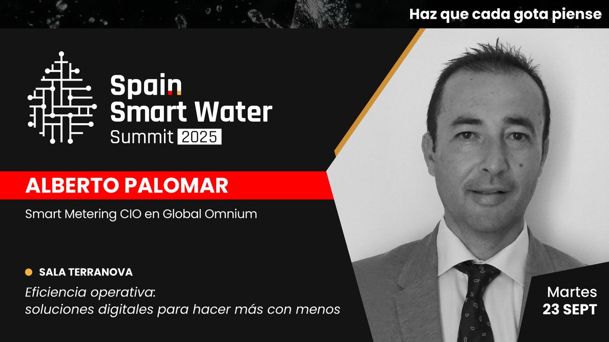 Ponente confirmado en #SSWS2025

👤 Alberto Palomar — Smart Metering CIO en <a href="/GlobalOmnium/">Global Omnium</a> 
🗓️ 23 sept | 📍 Sala Terranova
💬 Eficiencia operativa: soluciones digitales para hacer más con menos
👉 iagua.es/spain-smart-wa…

#HazQueCadaGotaPiense