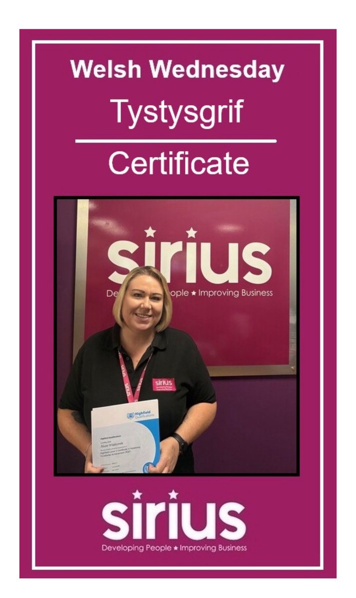 This week’s Welsh Wednesday is “Tystysgrif” meaning “Certificate”
 
Well done to Alison Widdicombe on achieving your Level 3 Certificate in Assessing Vocational Achievement.
 
#welshwednesday #siriusskills #Hydref #NTFW