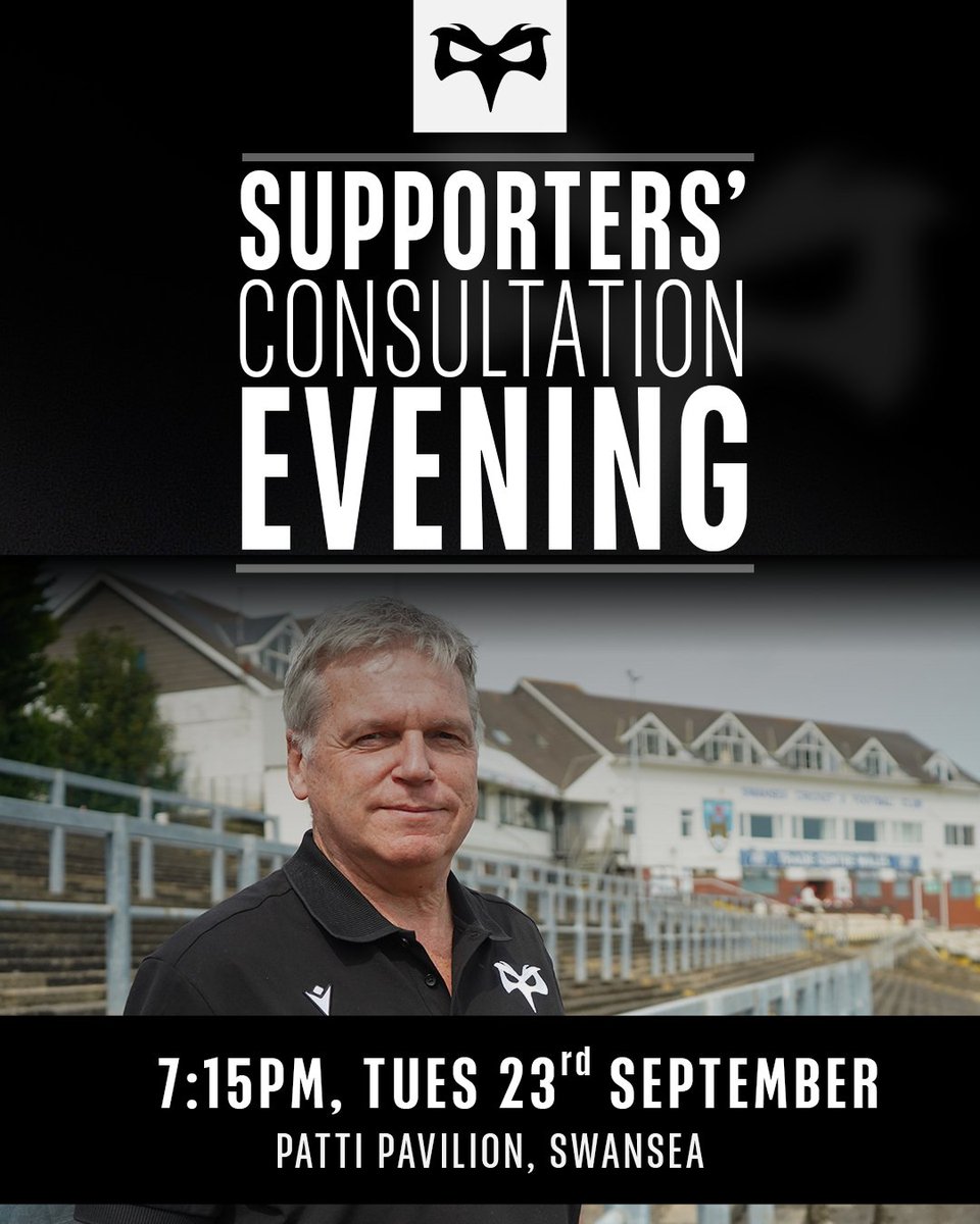 🗣️ Supporters' Consultation Evening
🏛️ Patti Pavilion, Swansea
🗓️ 23rd September
🕛 7:15PM

Ospreys CEO Lance Bradley is inviting supporters to join us for a consultation evening where you can share your views on the WRU's proposals for the future of Welsh Rugby.

Tickets are