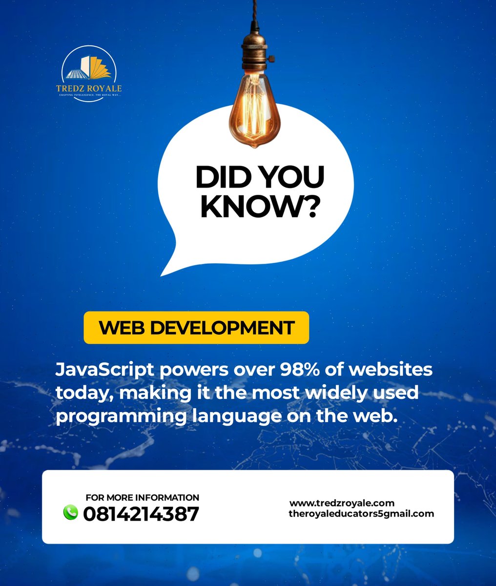 💡 Did you know?
JavaScript powers over 98% of websites today, making it the most widely used programming language on the web! 🌍💻

#WebDevelopment #TREDZROYALE