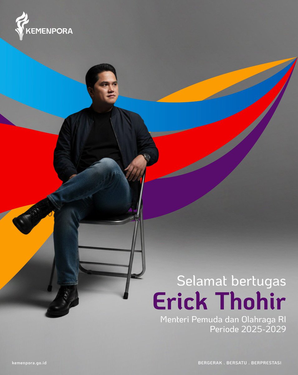Selamat bertugas Bapak Erick Thohir (<a href="/erickthohir/">Erick Thohir</a>) sebagai Menteri Pemuda dan Olahraga Republik Indonesia. 🇮🇩 

Semoga amanah baru ini menghadirkan semangat baru yang mampu memperkuat peran pemuda sekaligus mengharumkan prestasi olahraga Indonesia. 🌟🏆