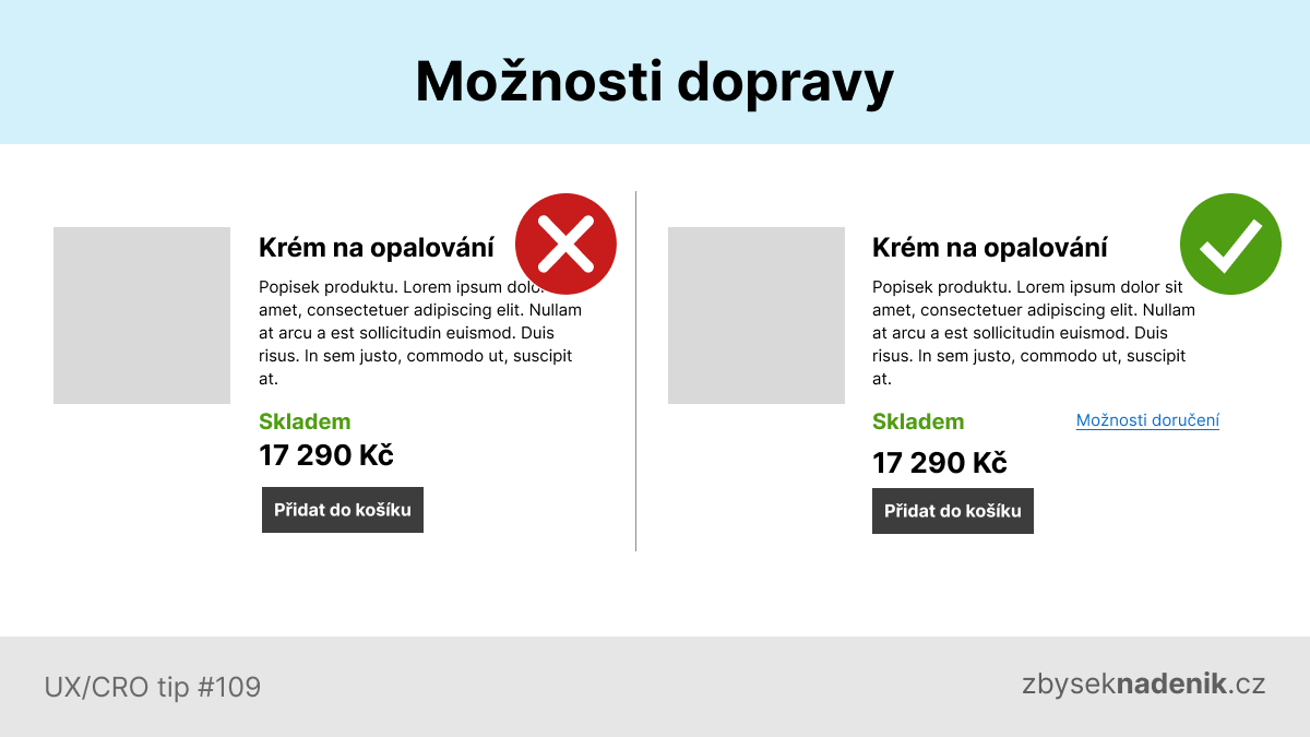 zbysek's tweet photo. Nabídněte lidem v detailu produktu informaci o možné dopravě. Stačí jako jednoduchý odkaz.

Po kliknutí se zobrazí pop-up nebo se rozrolují detailní možnosti dopravy s termínem doručení a cena - podobně jako byste to měli mít v kroku objednávky.

#UX / CRO tip https://t.co/xZ3WnT7ycV