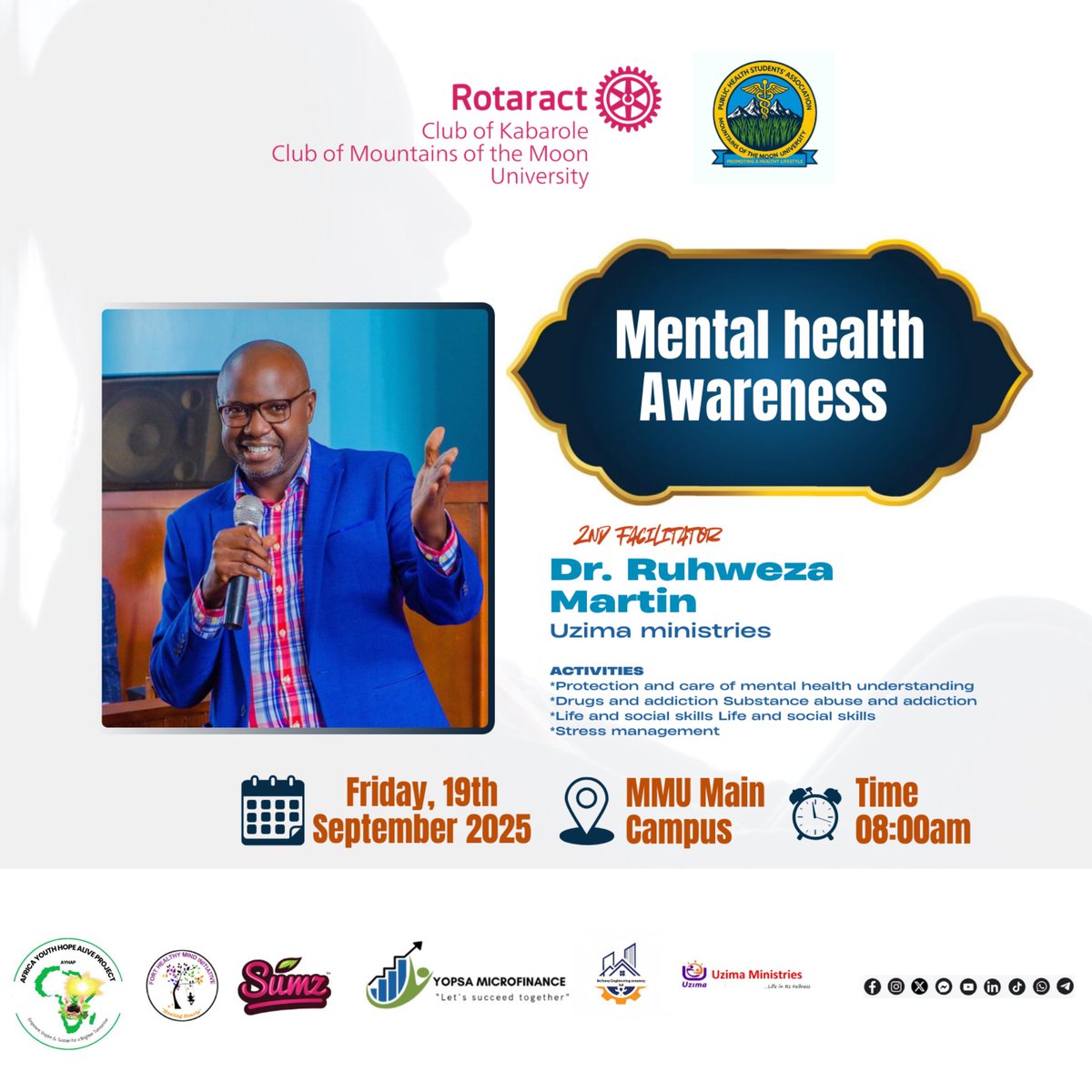 Africa Youth Hope Alive Project (@ayhap_) on Twitter photo Together for Mental Health
Mountains of the Moon University, with Public Health Students, <a href="/UzimaMinistry/">Uzima Ministries</a> <a href="/Racmmu256/">ROTARACT CLUB OF MOUNTAINS OF THE MOON UNIVERSITY</a> ,<a href="/RctKabarole/">Rotaract Club Of Kabarole</a> and <a href="/FortHealthy/">FORT HEALTHY MIND INITIATIVES</a> , unite to raise awareness that will empower students & the wider community.
#MentalHealth
#Rotaract
#Africayouthhopealiveproject Together for Mental Health
Mountains of the Moon University, with Public Health Students, <a href="/UzimaMinistry/">Uzima Ministries</a> <a href="/Racmmu256/">ROTARACT CLUB OF MOUNTAINS OF THE MOON UNIVERSITY</a> ,<a href="/RctKabarole/">Rotaract Club Of Kabarole</a> and <a href="/FortHealthy/">FORT HEALTHY MIND INITIATIVES</a> , unite to raise awareness that will empower students & the wider community.
#MentalHealth
#Rotaract
#Africayouthhopealiveproject