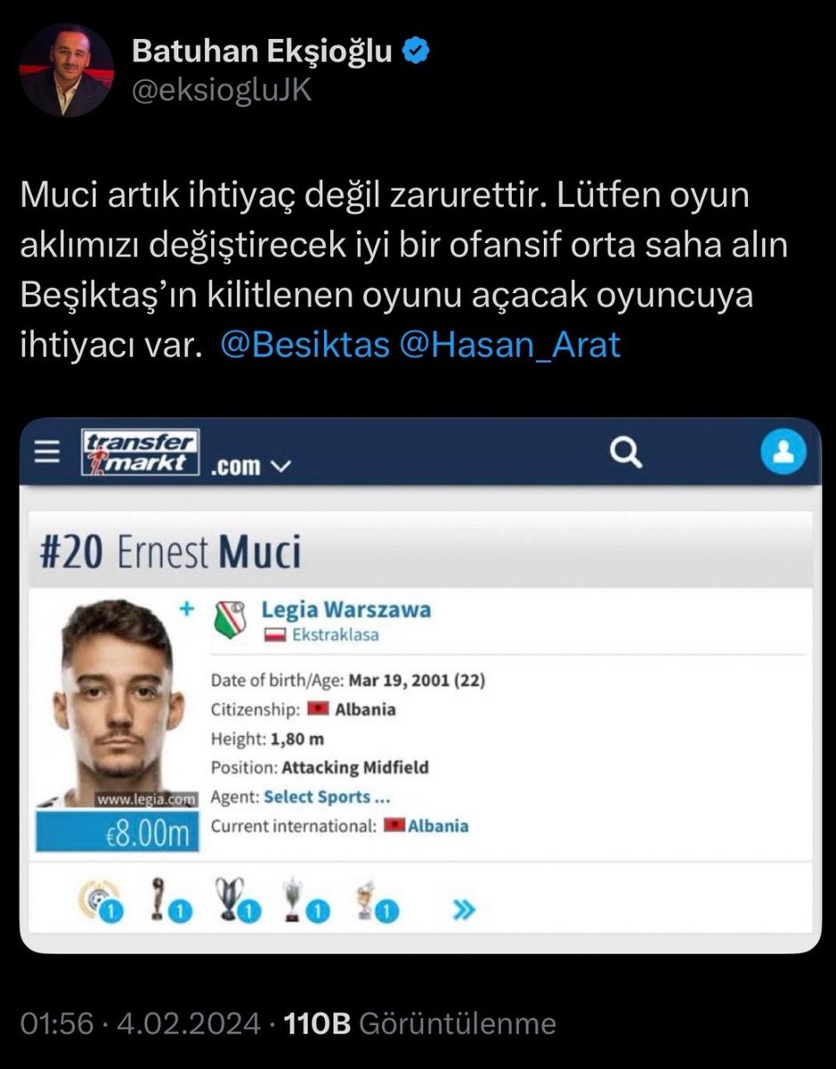 Cardiff City Muciyi almak istiyor Legia 4 milyon euro talep ediyor.
10 gün sonra 4 milyon talep eden Legia  Beşiktasa 10 milyon euroya satıyor.
4 milyonu legia  6 milyon euro fon kuruluşuna gidiyor.
O dönemde Beşiktas sosyal medyası ikna edilmesi için aparatlar devreye sokuluyor