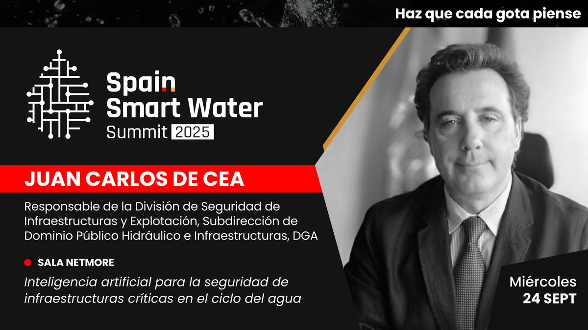 Ponente confirmado en #SSWS2025

👤 Juan Carlos de Cea — DGA, <a href="/mitecogob/">Transición Ecológica y Reto Demográfico</a>. 
🗓️ 24 sept | 📍 Sala Netmore
💬 Inteligencia artificial para la seguridad de infraestructuras críticas en el ciclo del agua
👉 iagua.es/spain-smart-wa…