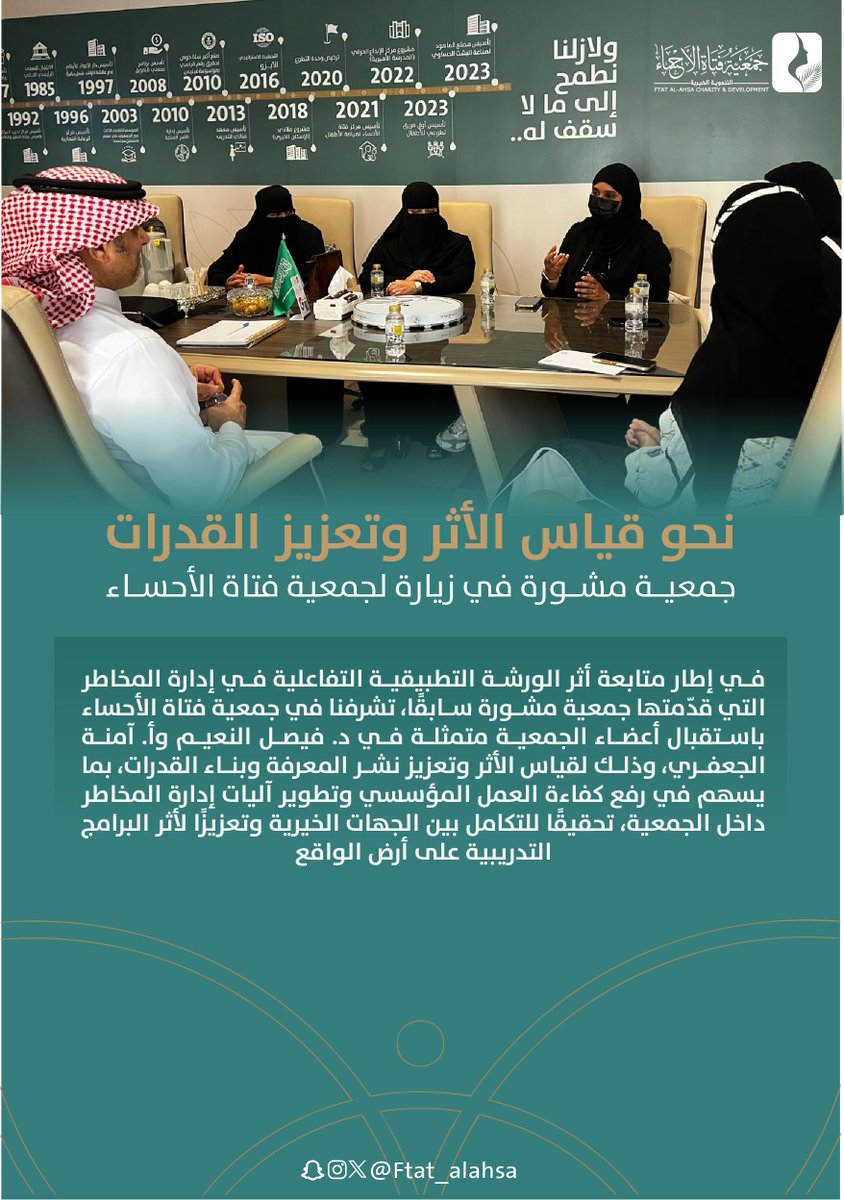 ftat_alahsa's tweet photo. بهدف قياس أثر الورشة التطبيقية التفاعلية في إدارة المخاطر التي تم تقديمها من قبل جمعية مشورة سابقاً، تشرفنا في #جمعية_فتاة_الأحساء باستقبال أعضاء الجمعية متمثلة في د. فيصل النعيم و أ. آمنة الجعفري، وذلك تحقيقًا للتكامل بين الجهات الخيرية وتعزيزًا لأثر البرامج التدريبية على أرض الواقع..
@mashawraa
