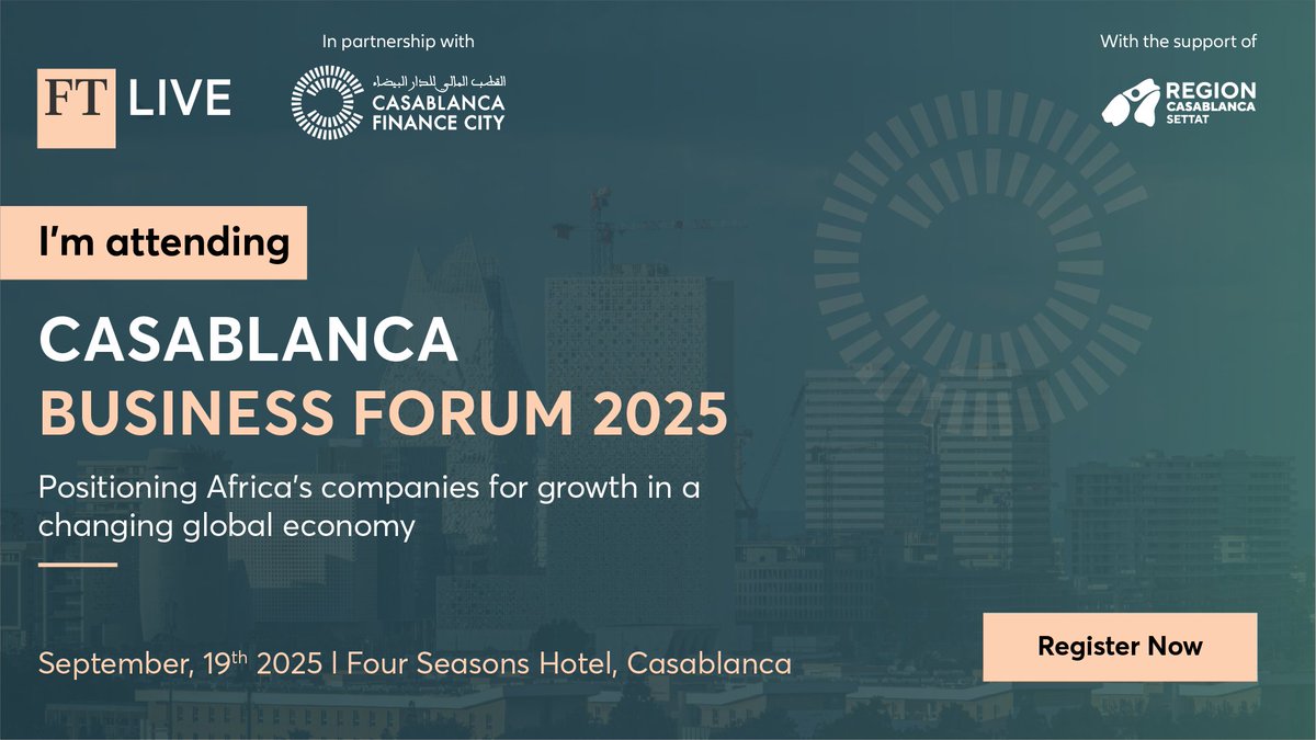 The #CasablancaBusinessForum brings together public
leaders, private sector CEOs &amp; global experts to reimagine Africa’s business future.

📅 Sept 19 | 📍 Four Seasons Casablanca

🔗 Learn more and subscribe : lnkd.in/e7khE7Q8