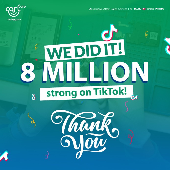 🎉✨ 8 Million Strong on TikTok! ✨🎉

Thanks to YOU! 💙 Your love and engagement drive us daily. From phone tips 🔧 and fun trends 🎵 to customer care 💡, we’ll keep delivering the best! 🚀

🙏 Thank you for being part of the Carlcare family. Let’s keep growing!

#Carlcare