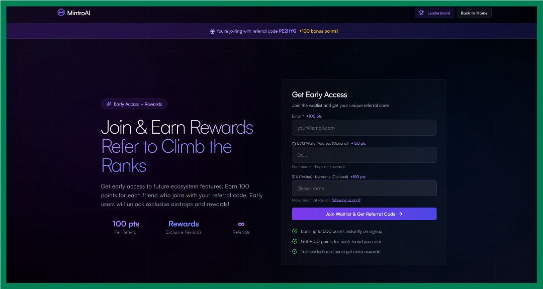 0xjayn3's tweet image. Quick alpha join @MintroAI waitlist form
Visit; mintro.ai/waitlist?ref=J…
➤ Submit Email
➤ Submit EVM Address
➤ Submit X
➤ Done.
Also share your ref link for others 👇
Wait for more info.
MintroAI has revolutionized how we create and deploy smart contracts. The…