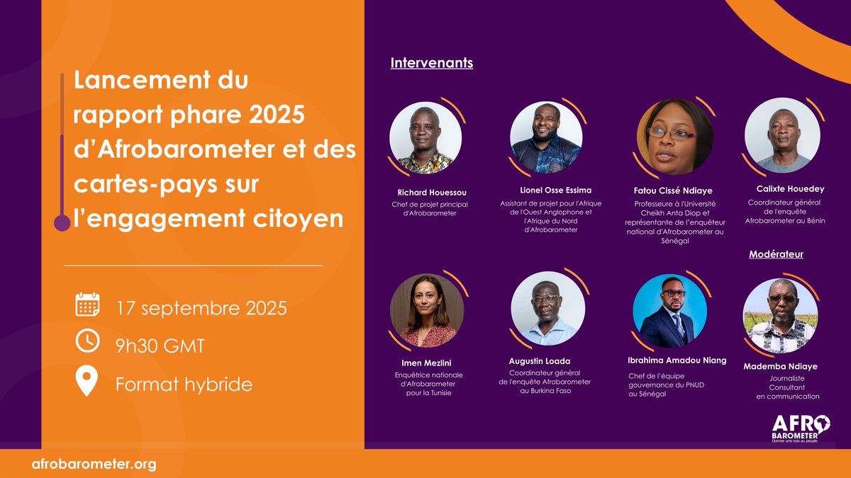 afrobarometer's tweet image. 🔔 Nous sommes en direct dans 30 minutes !

Contrairement aux attentes, les Africains plus pauvres et moins éduqués ont tendance à participer davantage aux activités politiques et civiques que leurs homologues plus riches et plus éduqués.

Rejoignez-nous pour décortiquer ce…