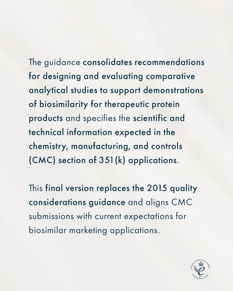 scendea's tweet image. The FDA has issued final guidance on the Development of Therapeutic Protein Biosimilars: Comparative Analytical Assessment and Other Quality-Related Considerations. 
-
#Biosimilars #TherapeuticProteins #FDAGuidance #DrugDevelopment #Pharmaceuticals #QualityAssessment