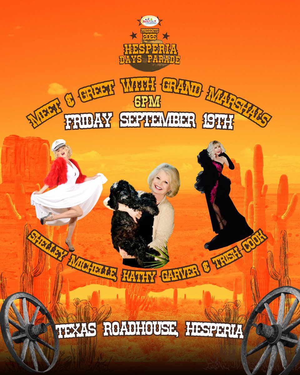 HesperiaParade's tweet photo. ✨ Meet the Grand Marshals! ✨

📅 Friday, Sept. 19 @ 6 PM
📍 Texas Roadhouse – Hesperia

🎉 Say hi, grab a selfie, snag an autograph, and cheer on our amazing Grand Marshals:
🌹 Shelley Michelle 
🎬 Kathy Garver
🌟 Trish Cook
🍽️ Enjoy 10% OFF your meal that evening! https://t.co/H53pN9XHia