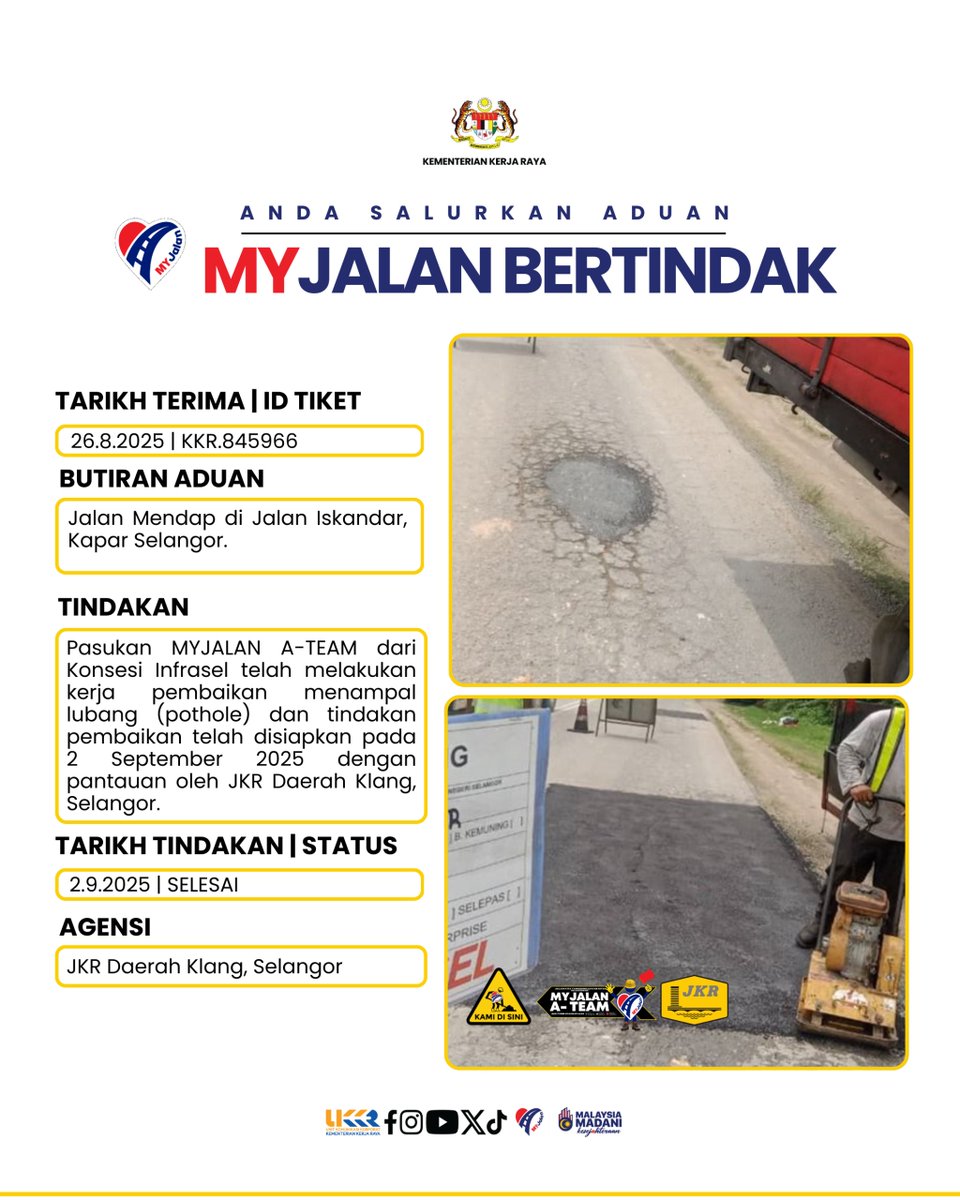 moworksmy's tweet photo. 🛣️ Dari Aduan ke Tindakan!
26.8.2025 | Aduan Diterima: Jalan mendap di Jalan Iskandar, Kapar, Selangor
🚧 Tindakan: Pasukan MYJALAN A-TEAM dari Konsesi Infrasel telah disiapkan dengan pantauan oleh JKR Daerah Klang, Selangor. Kerja siap pada 2.9.2025
#MYJalan #KKR #JKR https://t.co/sKx6s6JrGJ